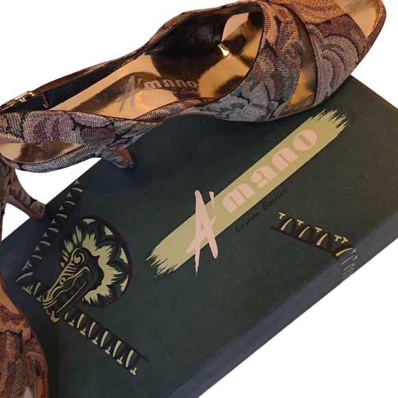 A’mano Women's Cut Out Heel Brown Vegan Floral Fabric Ankle Strap Mid 8 N New - Picture 9 of 11